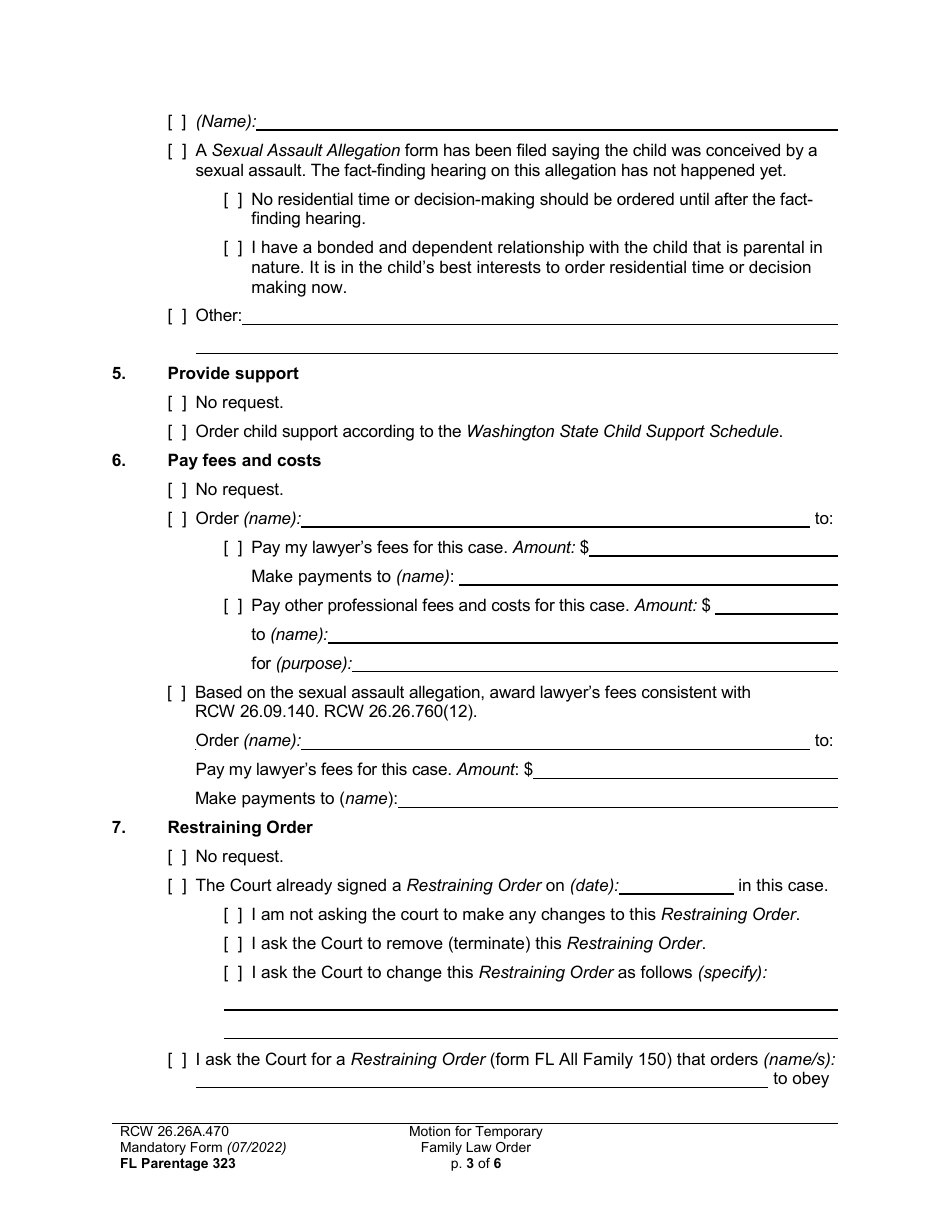 Form FL Parentage323 Motion for Temporary Family Law Order and Restraining Order - Washington, Page 3