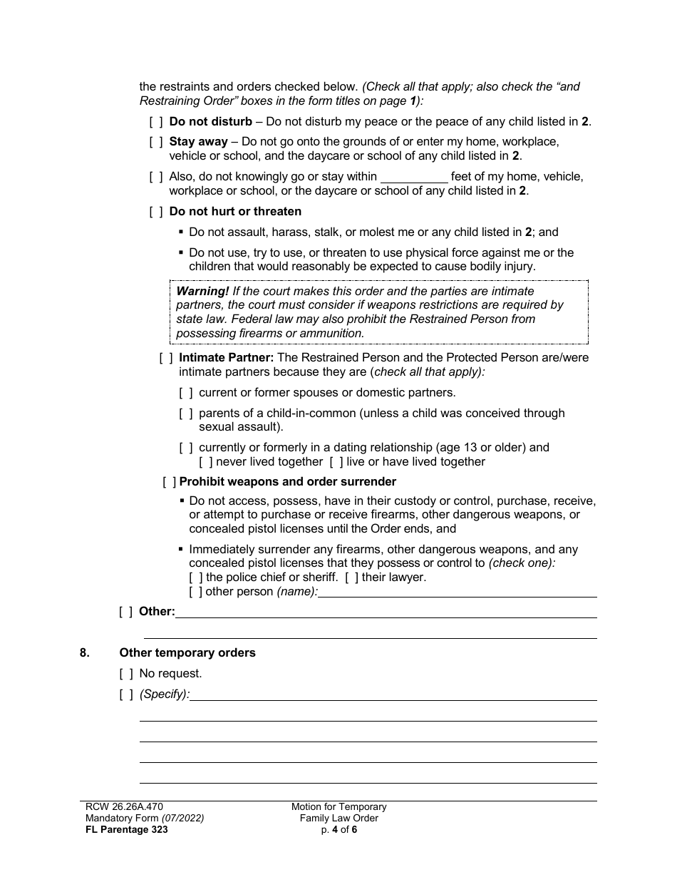Form FL Parentage323 Motion for Temporary Family Law Order and Restraining Order - Washington, Page 4