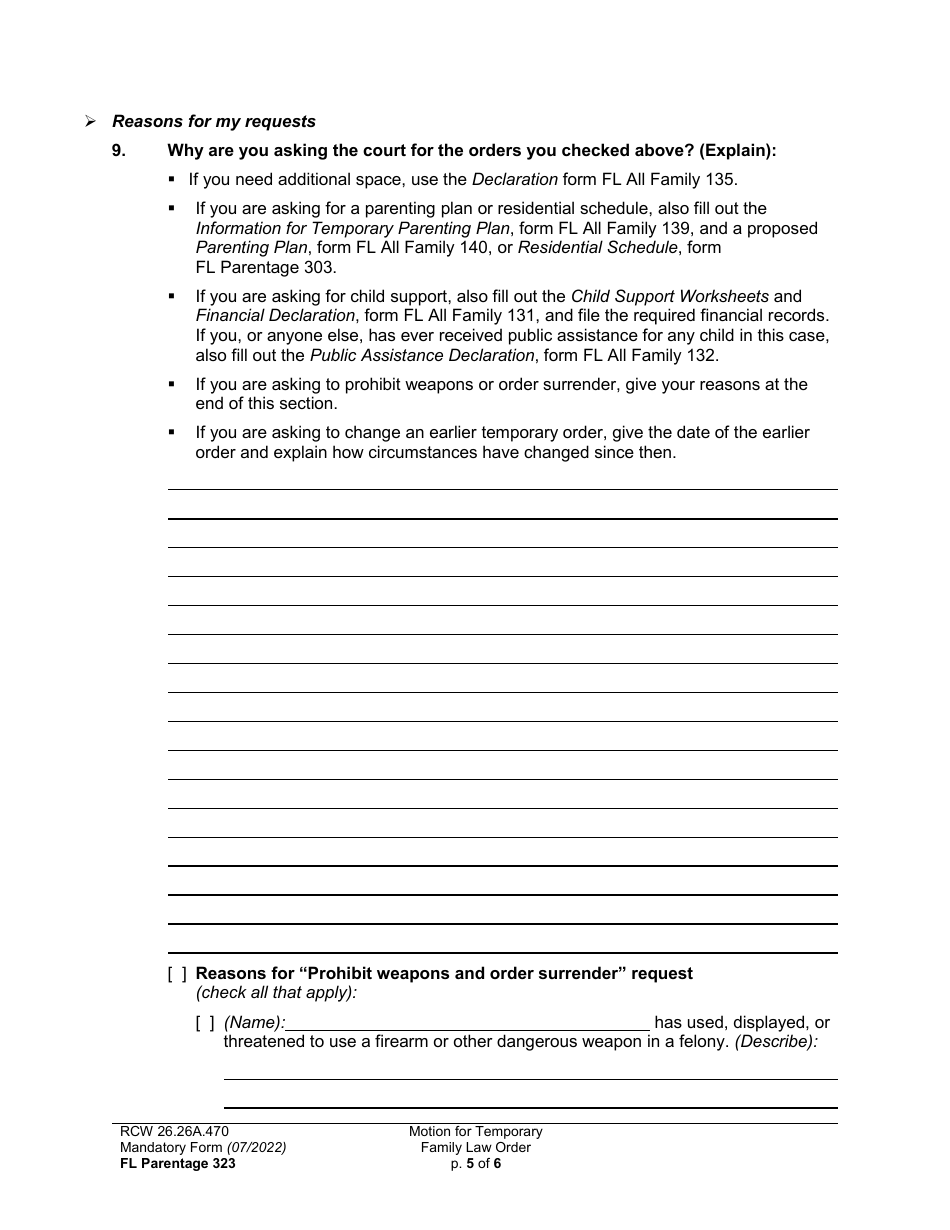 Form FL Parentage323 Motion for Temporary Family Law Order and Restraining Order - Washington, Page 5