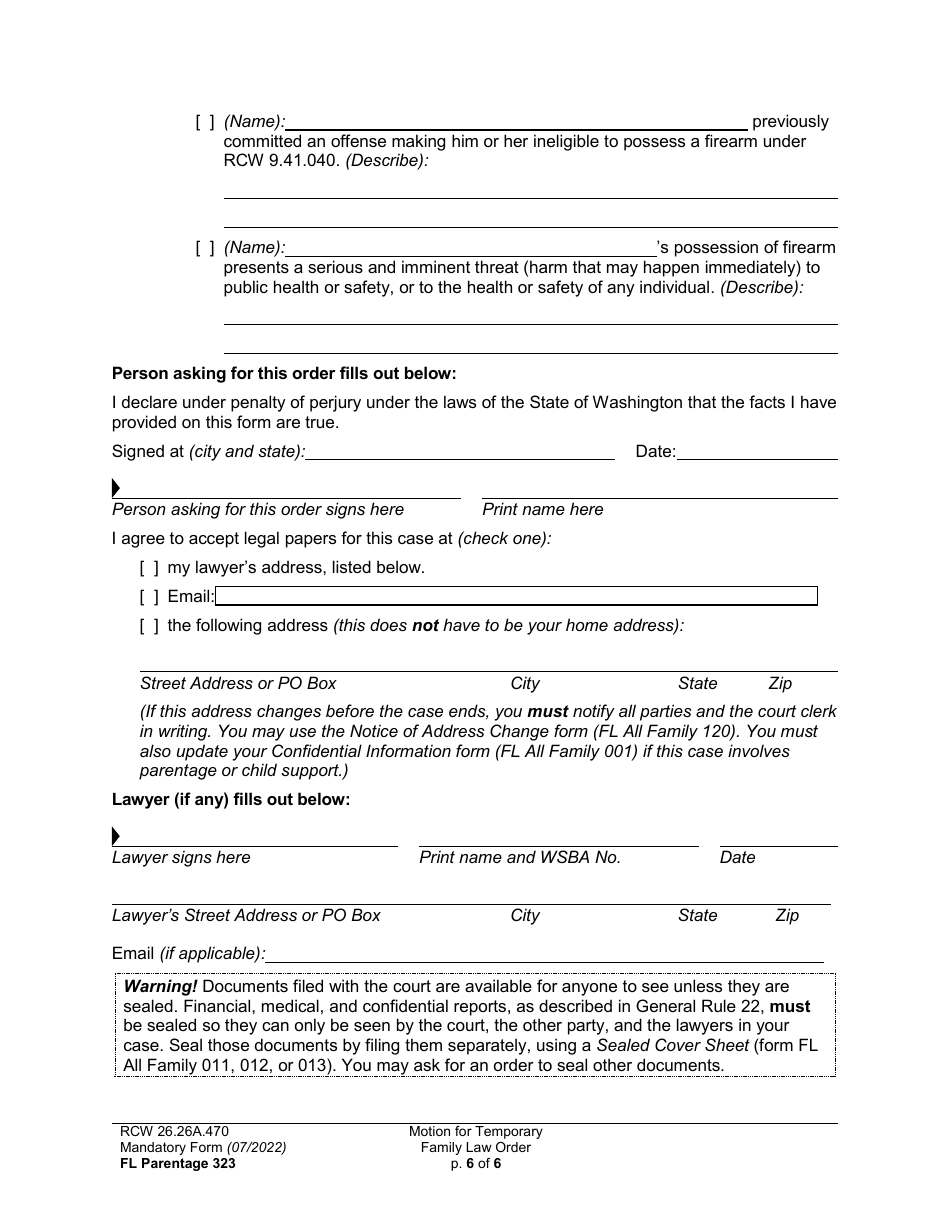 Form FL Parentage323 Motion for Temporary Family Law Order and Restraining Order - Washington, Page 6