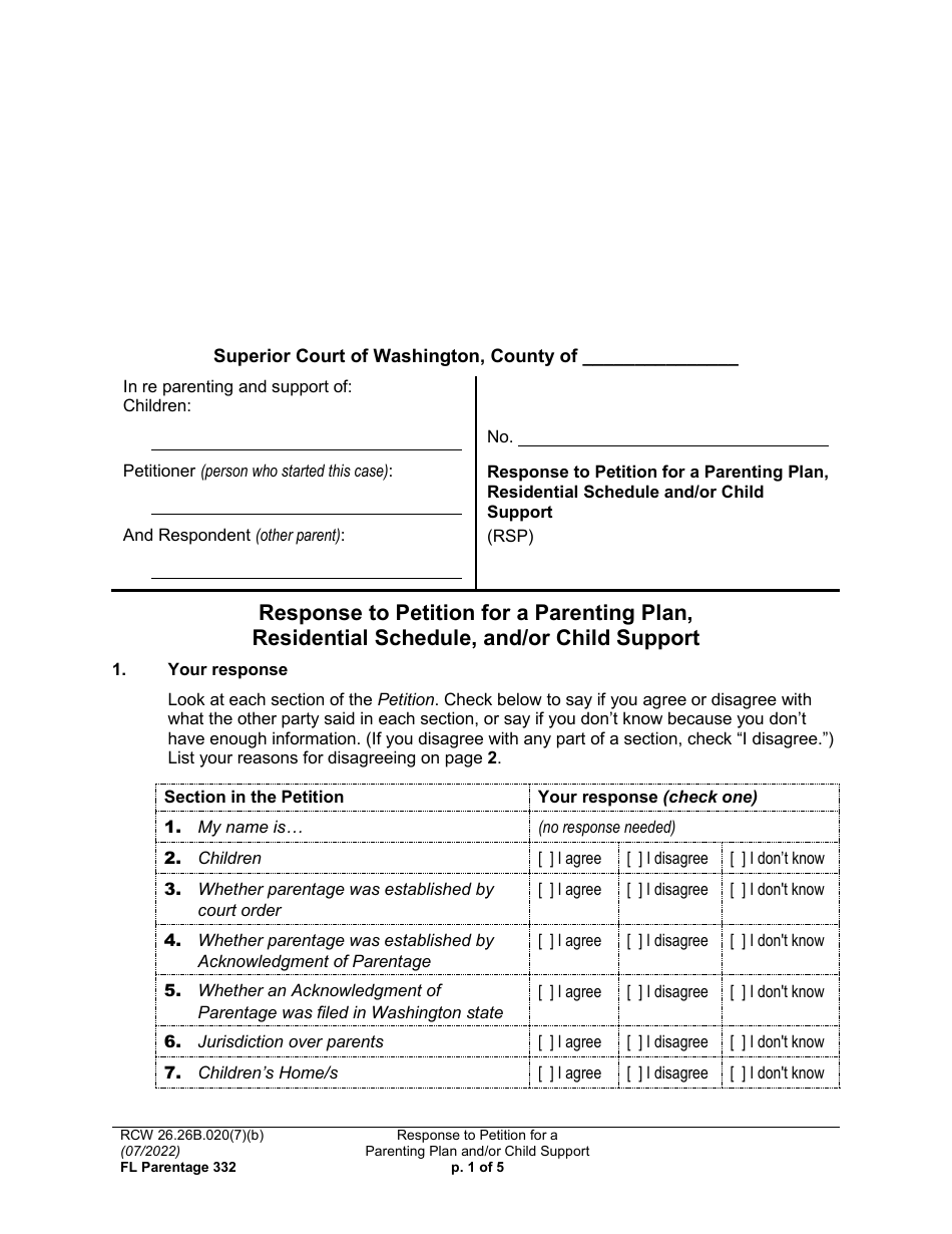 Form FL Parentage332 Response to Petition for a Parenting Plan, Residential Schedule, and/or Child Support - Washington, Page 1