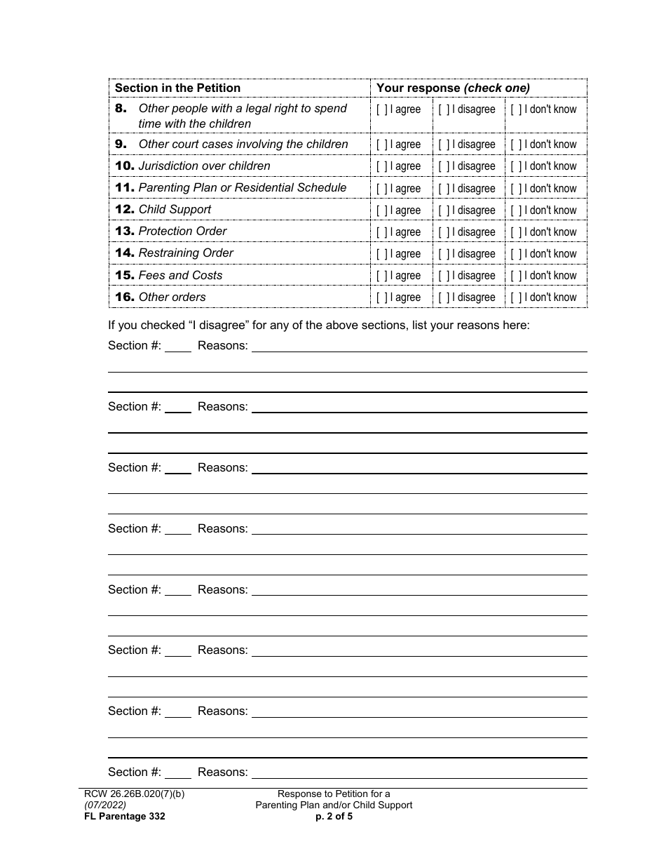 Form FL Parentage332 Response to Petition for a Parenting Plan, Residential Schedule, and / or Child Support - Washington, Page 2
