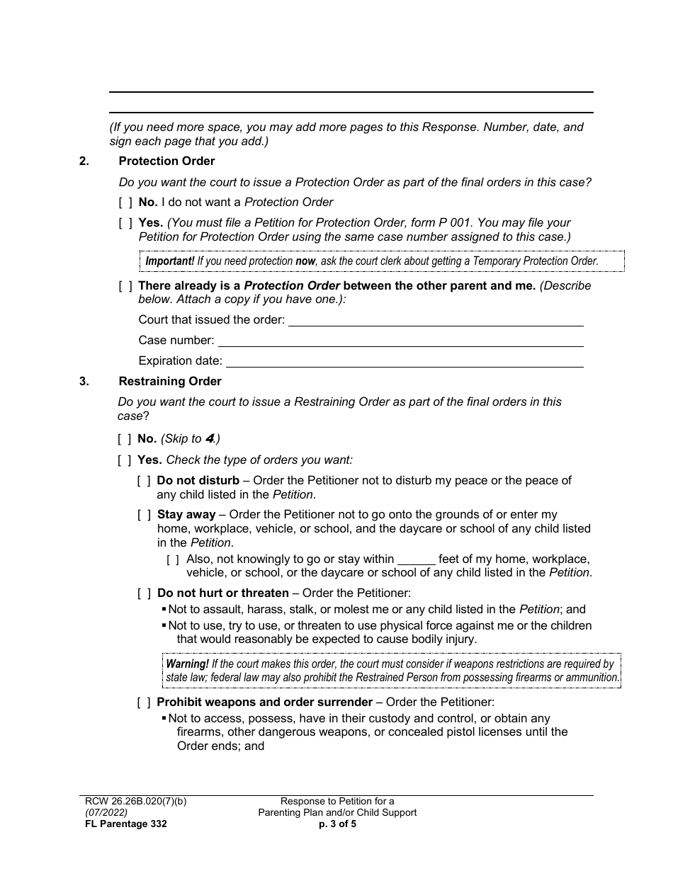 Form FL Parentage332 Response to Petition for a Parenting Plan, Residential Schedule, and / or Child Support - Washington, Page 3