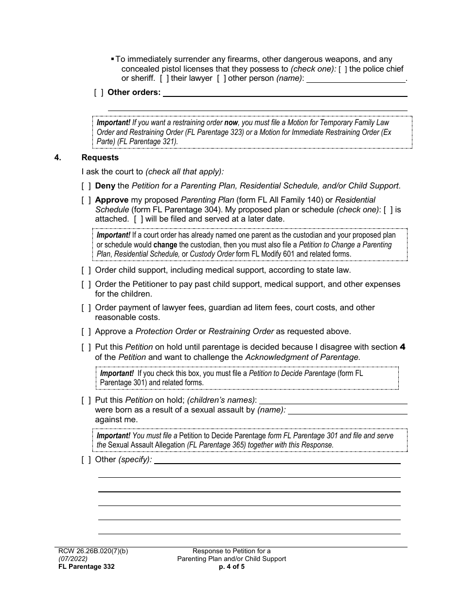 Form FL Parentage332 Response to Petition for a Parenting Plan, Residential Schedule, and / or Child Support - Washington, Page 4