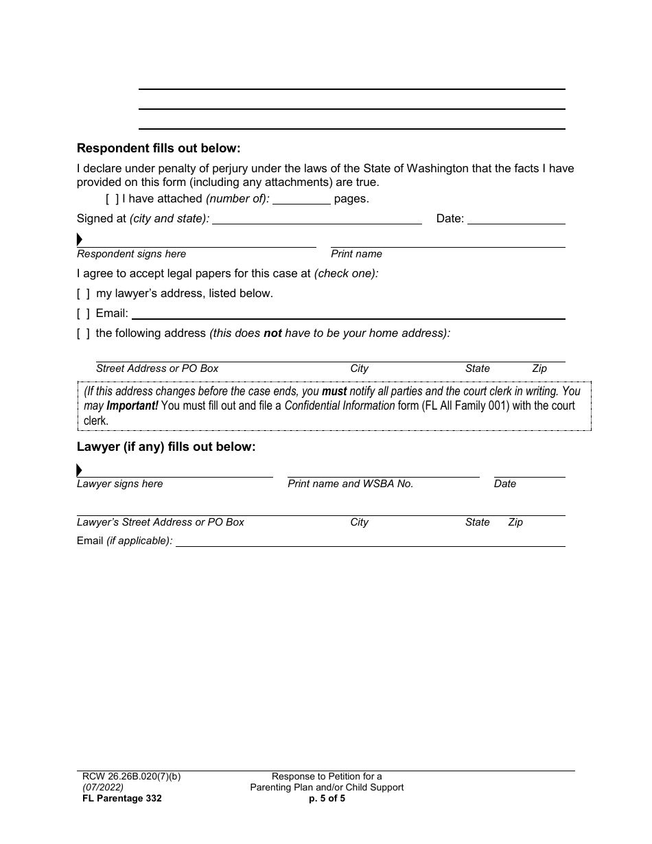 Form FL Parentage332 Response to Petition for a Parenting Plan, Residential Schedule, and / or Child Support - Washington, Page 5