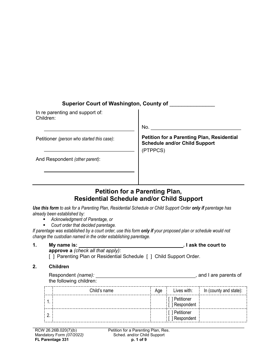 Form FL Parentage331 Petition for a Parenting Plan, Residential Schedule and/or Child Support - Washington, Page 1