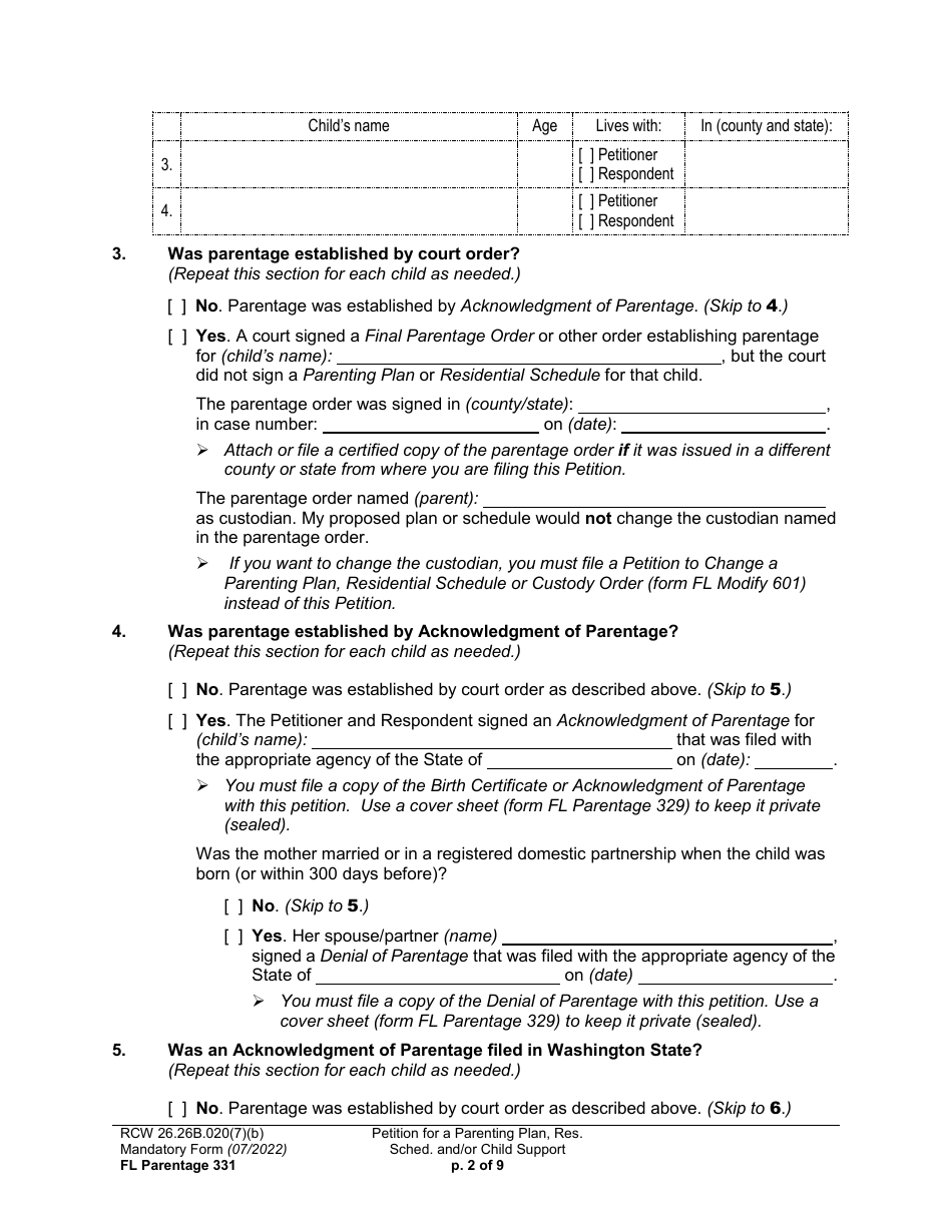 Form FL Parentage331 Petition for a Parenting Plan, Residential Schedule and / or Child Support - Washington, Page 2
