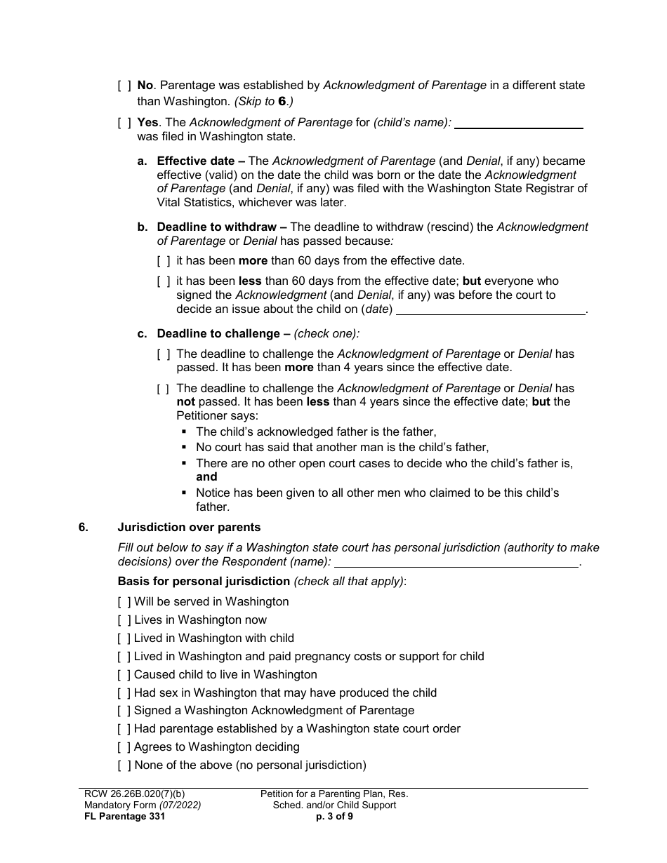 Form FL Parentage331 Petition for a Parenting Plan, Residential Schedule and / or Child Support - Washington, Page 3