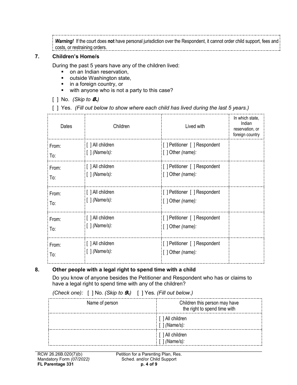Form FL Parentage331 Petition for a Parenting Plan, Residential Schedule and / or Child Support - Washington, Page 4