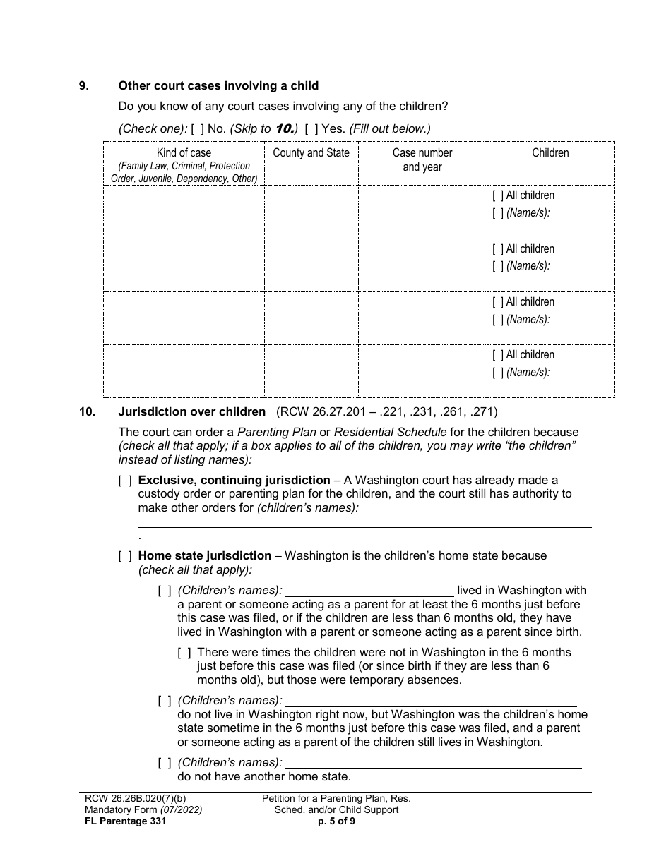 Form FL Parentage331 Petition for a Parenting Plan, Residential Schedule and / or Child Support - Washington, Page 5