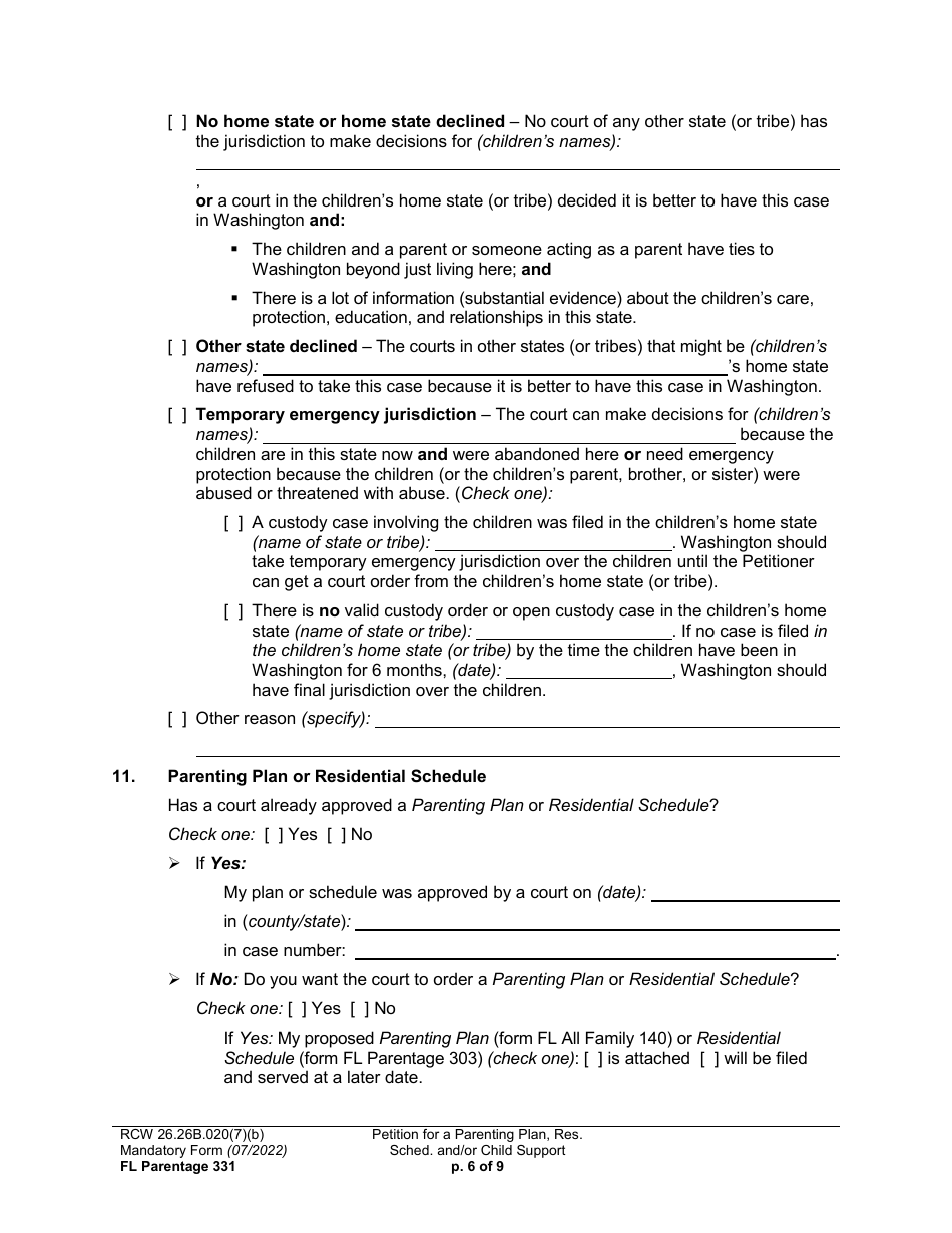 Form FL Parentage331 Petition for a Parenting Plan, Residential Schedule and / or Child Support - Washington, Page 6