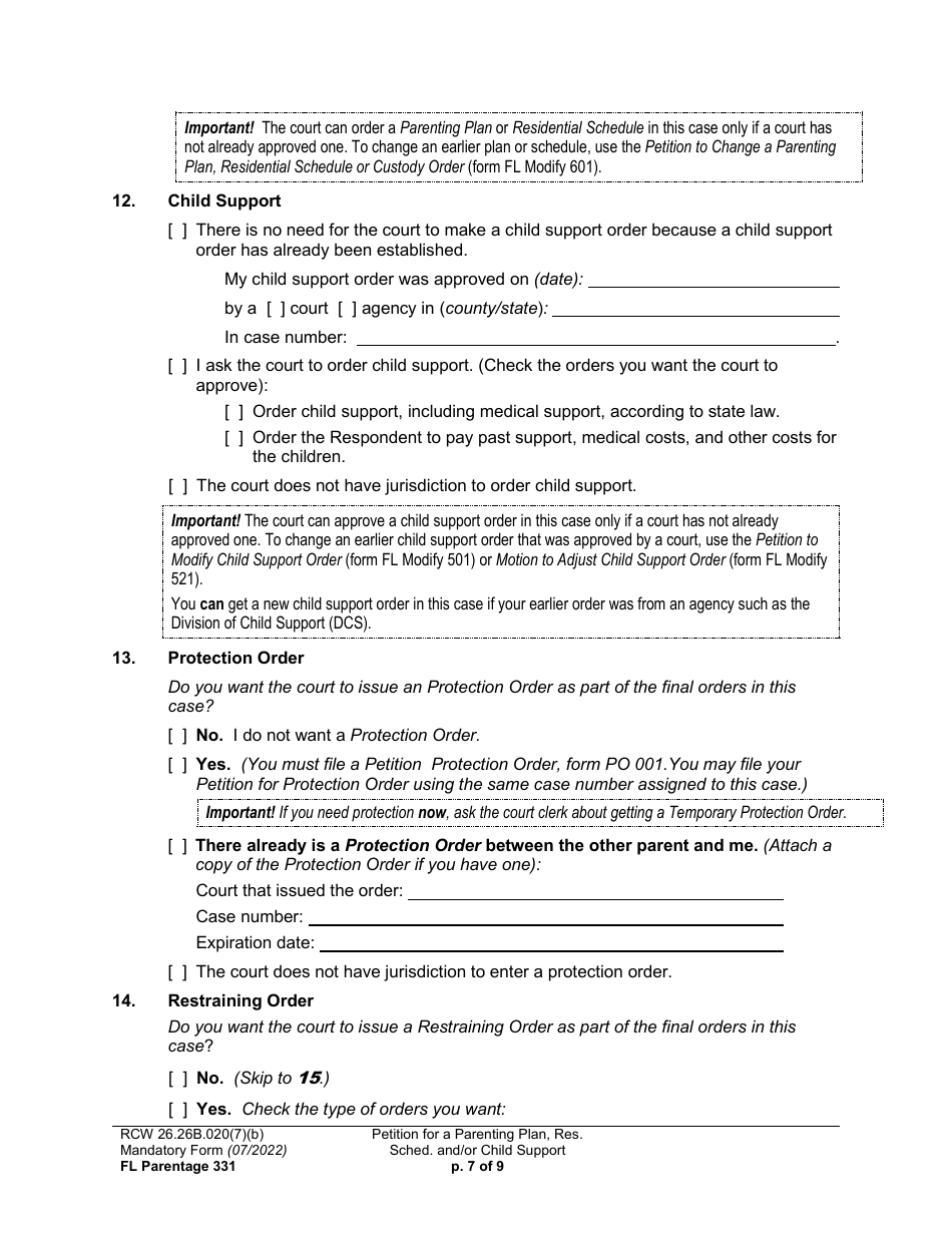 Form FL Parentage331 Petition for a Parenting Plan, Residential Schedule and / or Child Support - Washington, Page 7