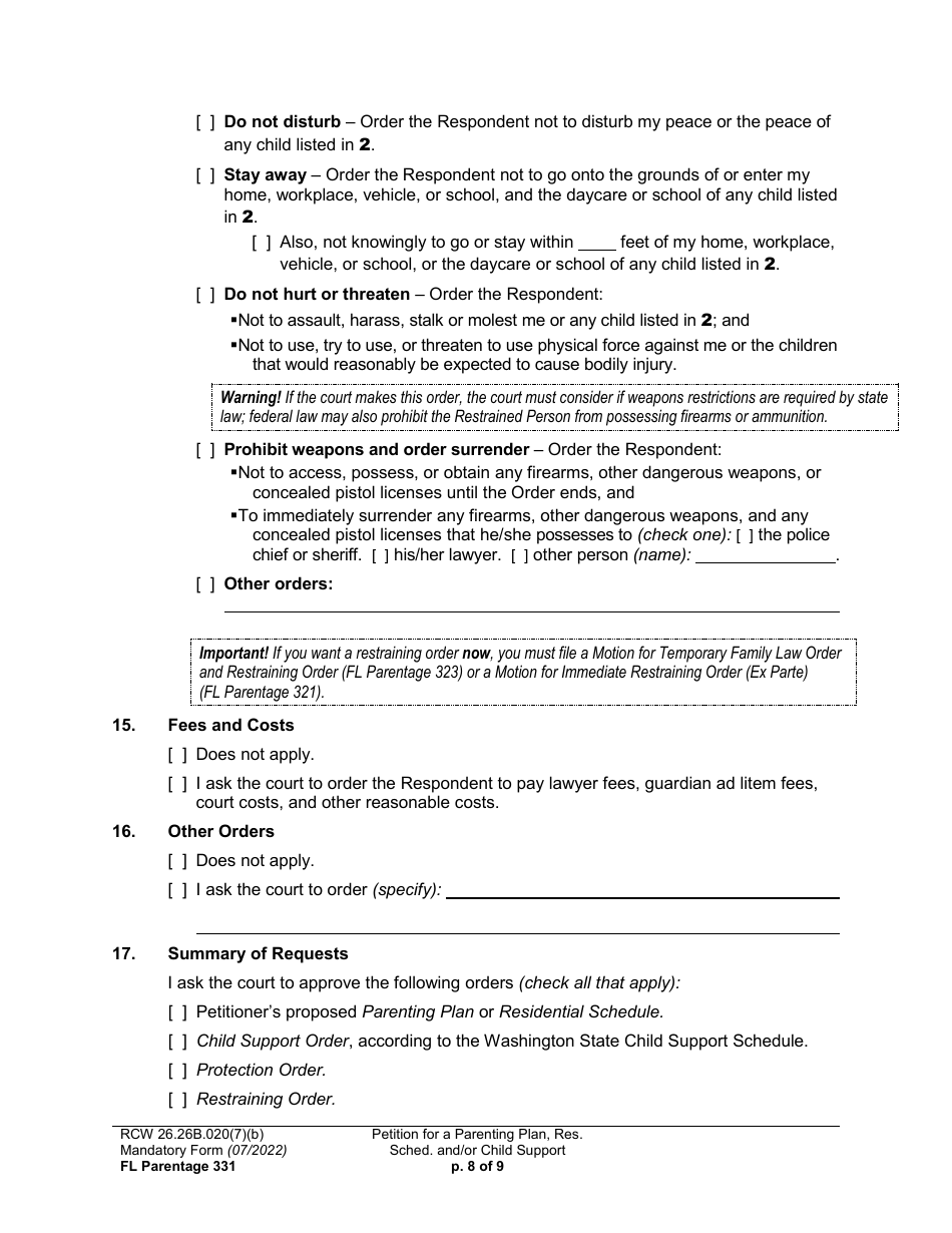 Form FL Parentage331 Petition for a Parenting Plan, Residential Schedule and / or Child Support - Washington, Page 8