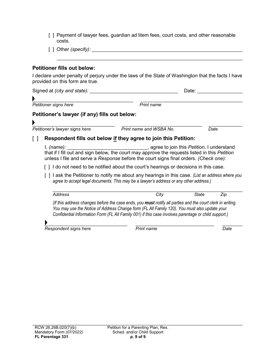 Form FL Parentage331 Petition for a Parenting Plan, Residential Schedule and / or Child Support - Washington, Page 9