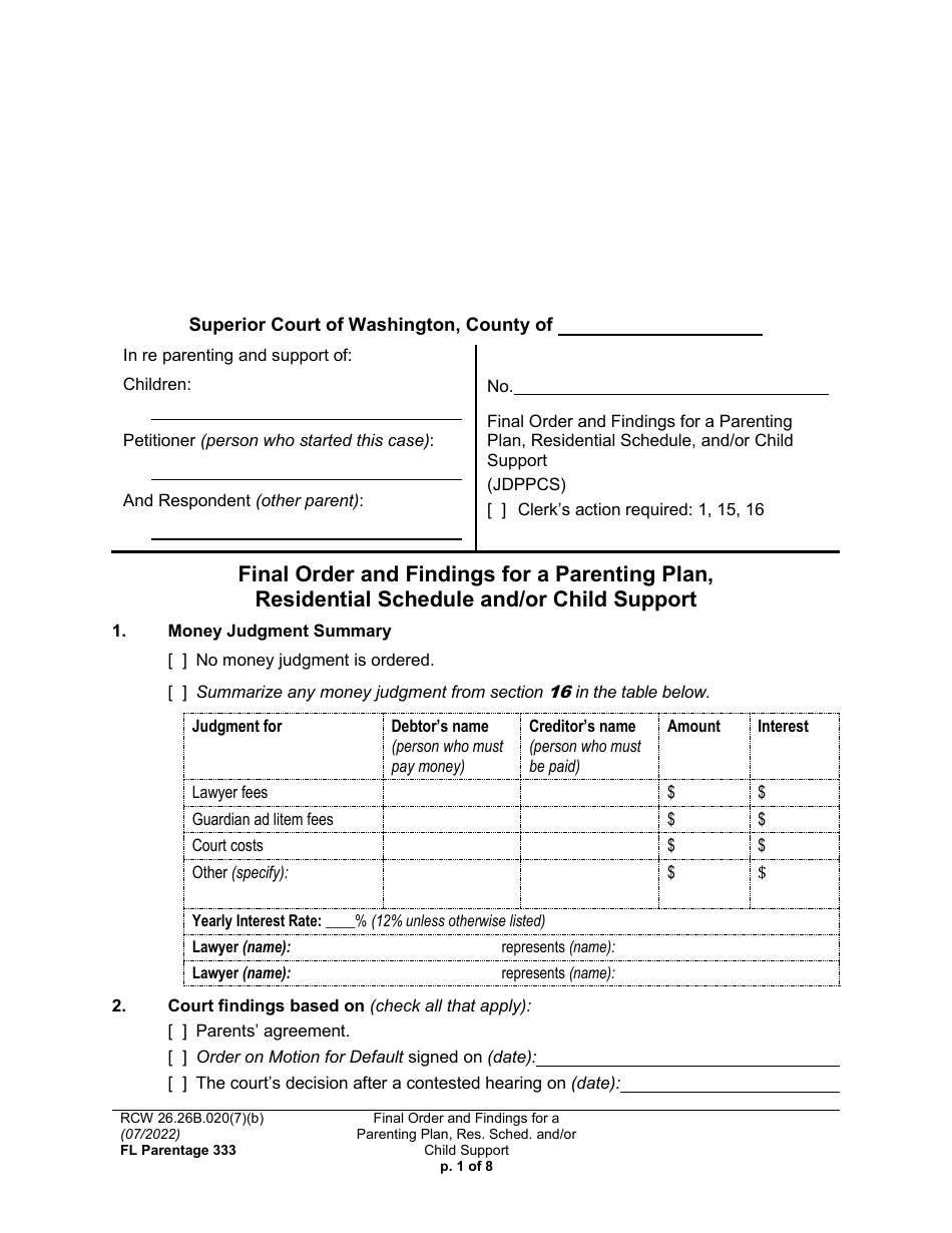 Form FL Parentage333 Final Order and Findings for a Parenting Plan, Residential Schedule and / or Child Support - Washington, Page 1