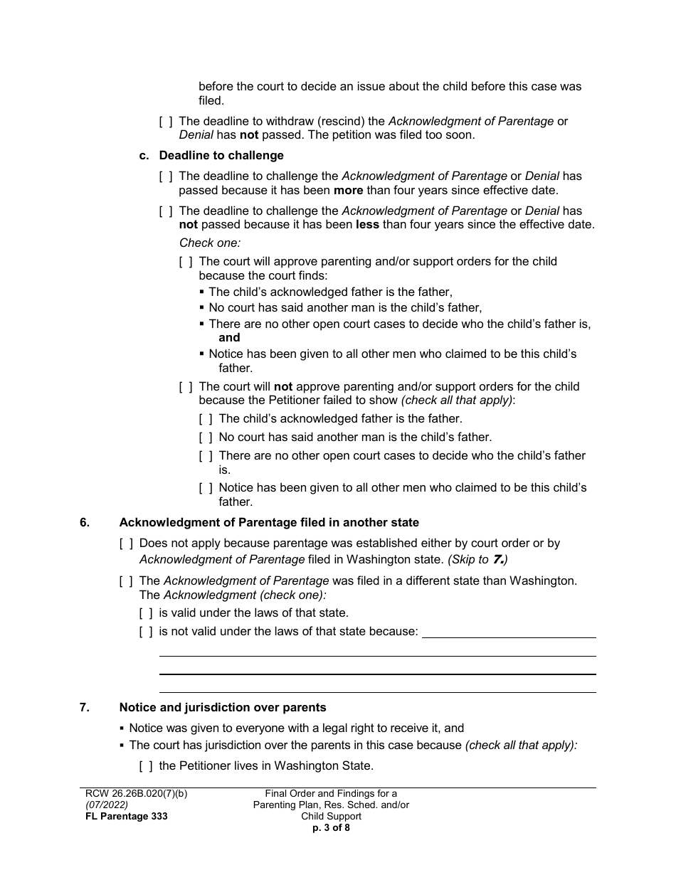 Form FL Parentage333 Final Order and Findings for a Parenting Plan, Residential Schedule and / or Child Support - Washington, Page 3