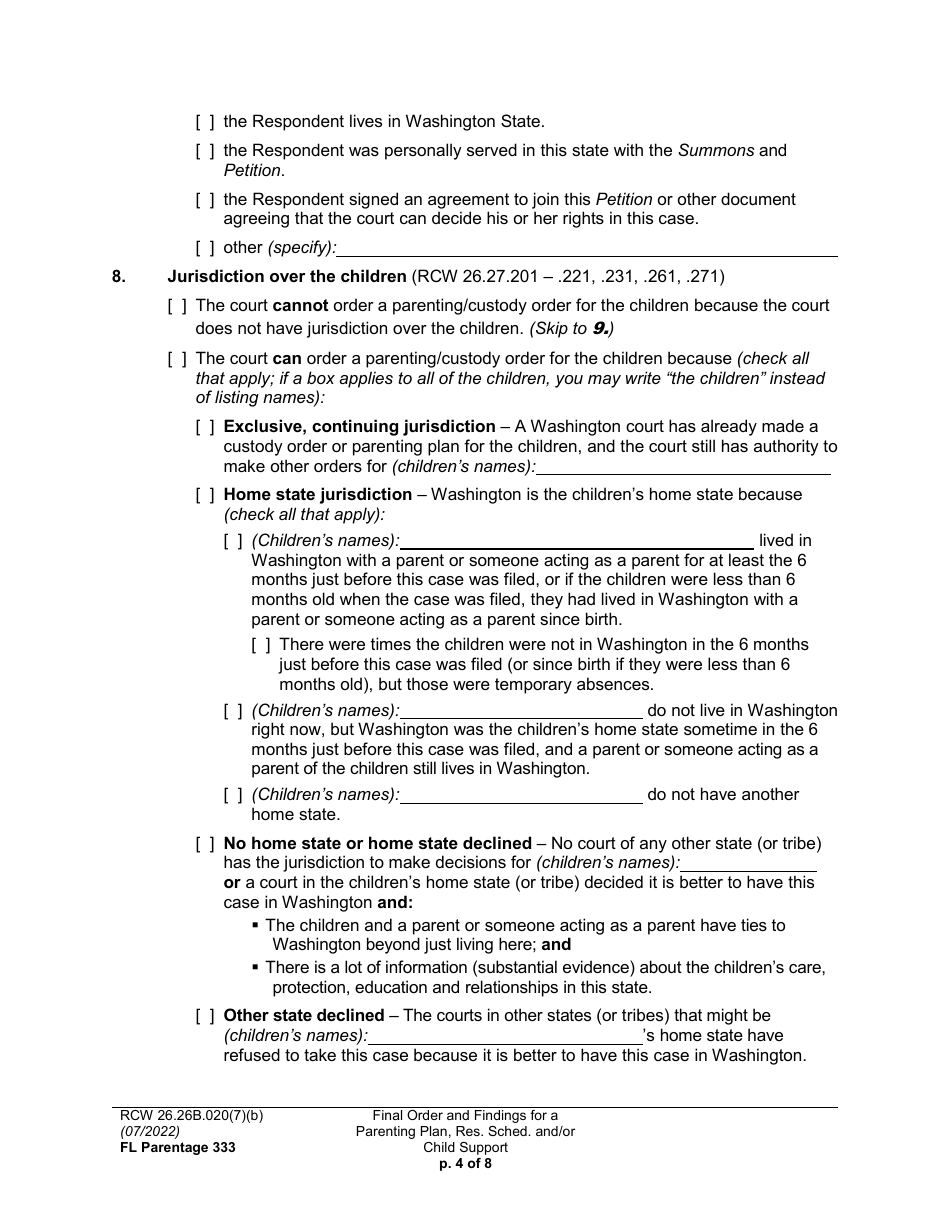 Form FL Parentage333 Final Order and Findings for a Parenting Plan, Residential Schedule and / or Child Support - Washington, Page 4