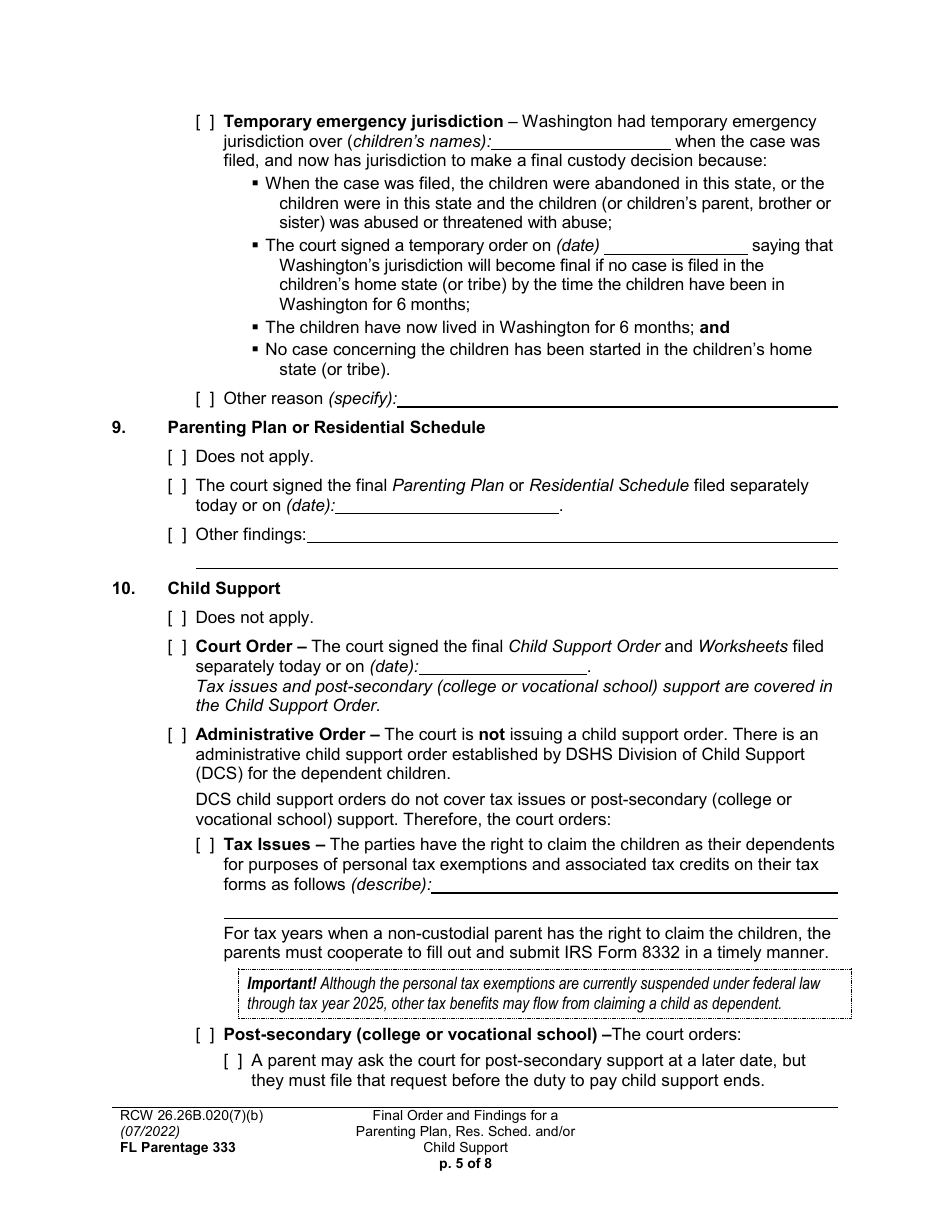 Form FL Parentage333 Final Order and Findings for a Parenting Plan, Residential Schedule and / or Child Support - Washington, Page 5