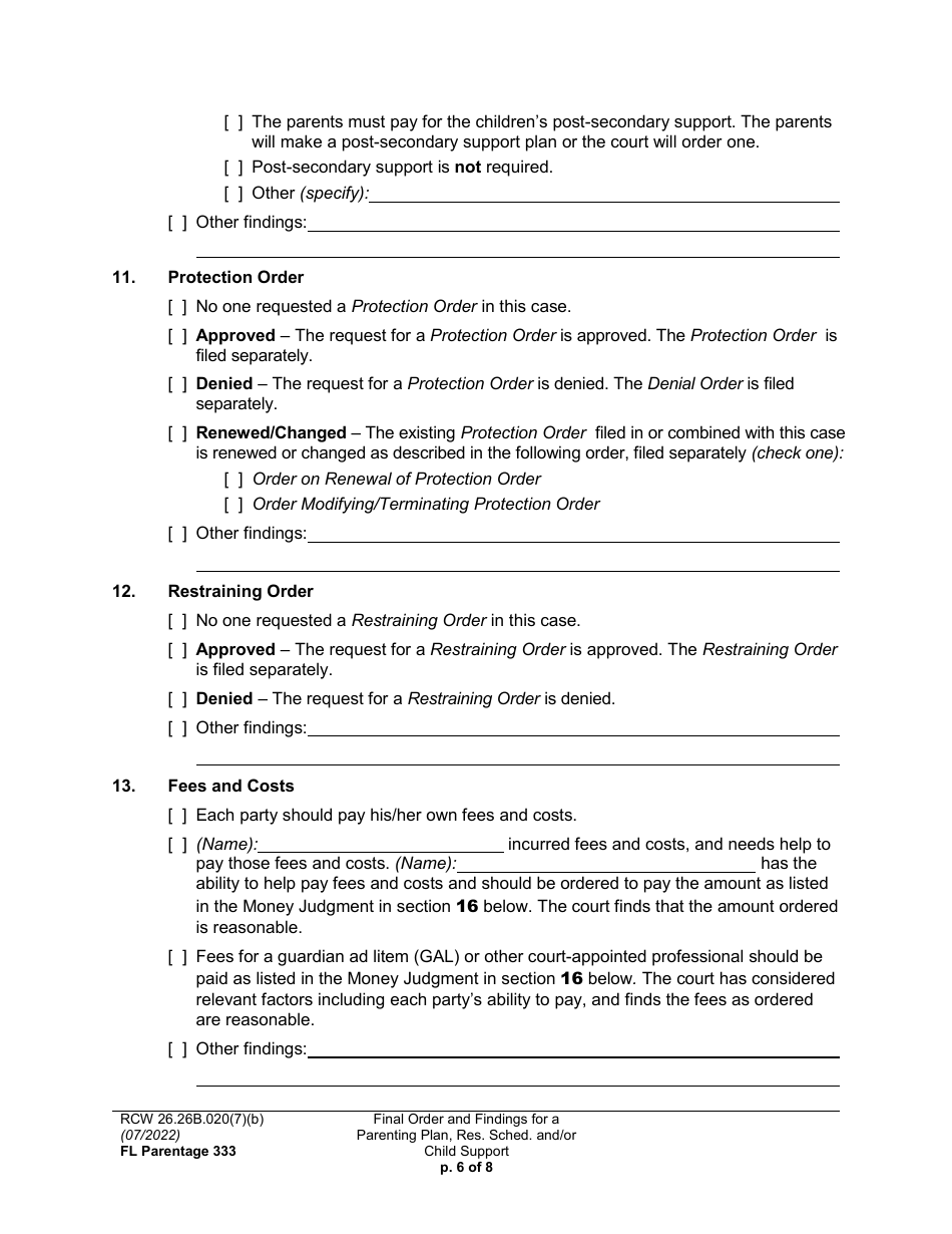 Form FL Parentage333 Final Order and Findings for a Parenting Plan, Residential Schedule and / or Child Support - Washington, Page 6