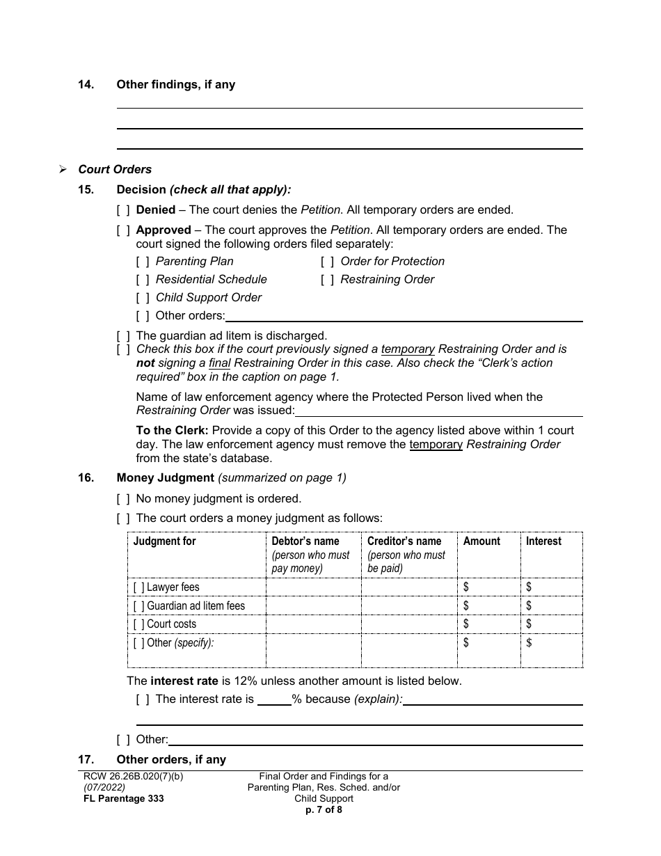 Form FL Parentage333 Final Order and Findings for a Parenting Plan, Residential Schedule and / or Child Support - Washington, Page 7