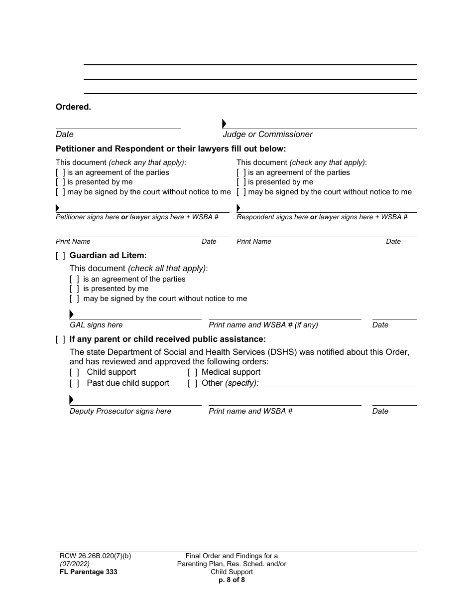 Form FL Parentage333 Final Order and Findings for a Parenting Plan, Residential Schedule and / or Child Support - Washington, Page 8