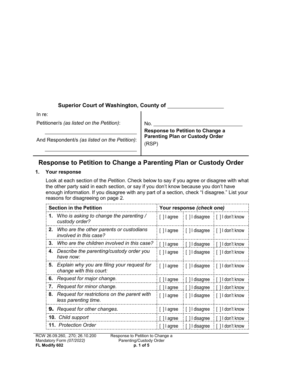 Form FL Modify602 Response to Petition to Change a Parenting Plan or Custody Order - Washington, Page 1