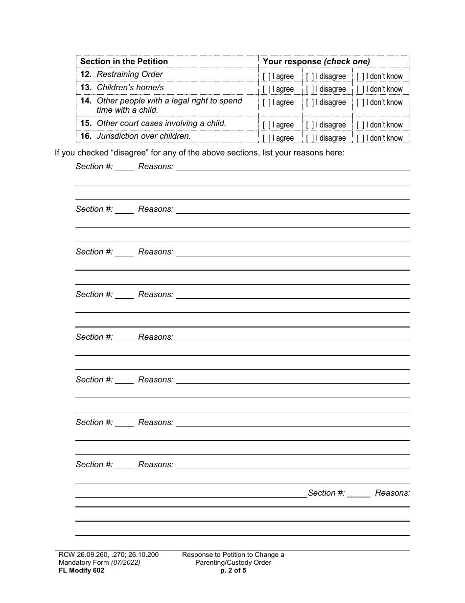 Form FL Modify602 Response to Petition to Change a Parenting Plan or Custody Order - Washington, Page 2