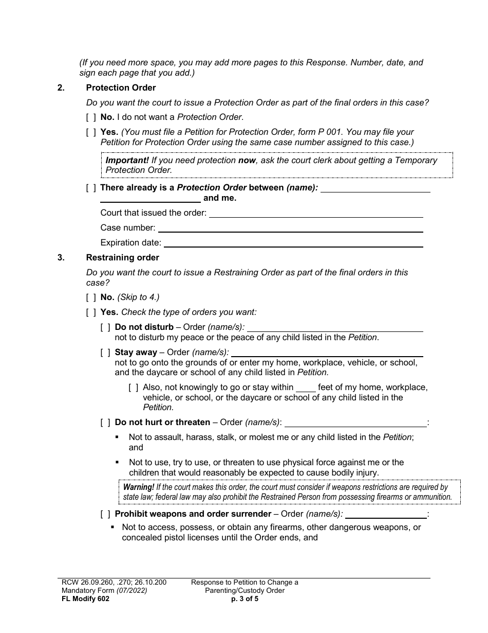 Form FL Modify602 Response to Petition to Change a Parenting Plan or Custody Order - Washington, Page 3