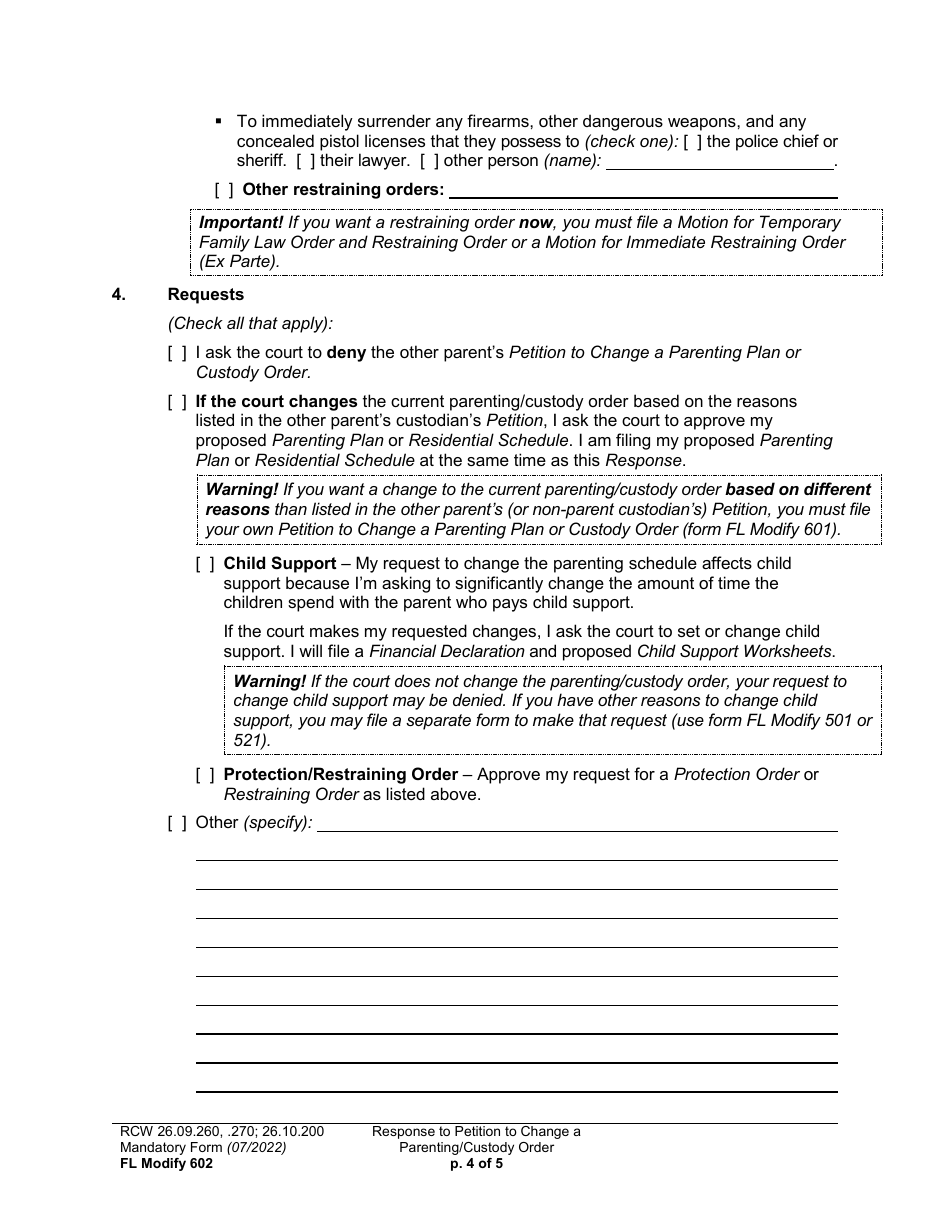 Form FL Modify602 Response to Petition to Change a Parenting Plan or Custody Order - Washington, Page 4