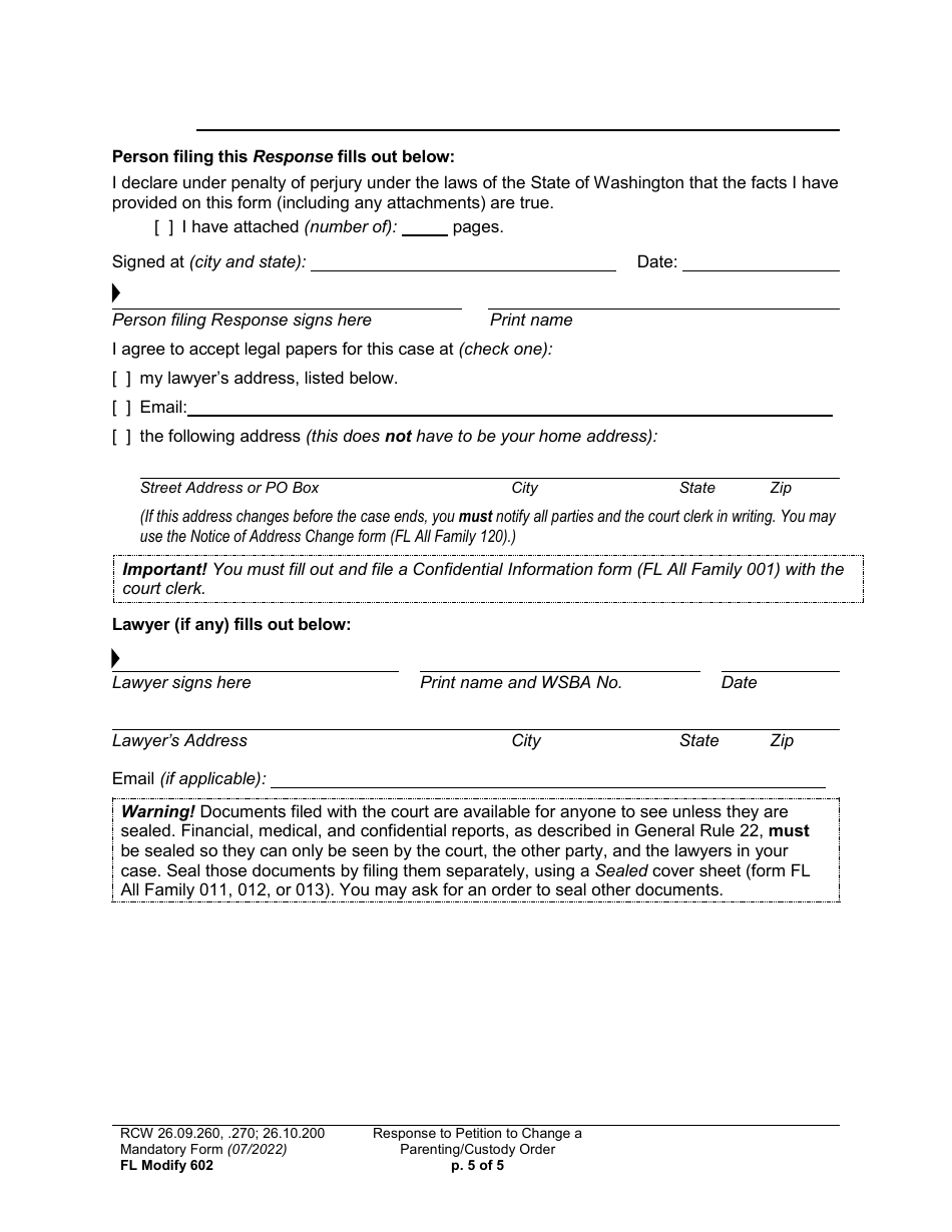 Form FL Modify602 Response to Petition to Change a Parenting Plan or Custody Order - Washington, Page 5