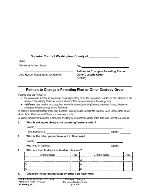 Form FL Modify601 Petition to Change a Parenting Plan or Other Custody Order - Washington