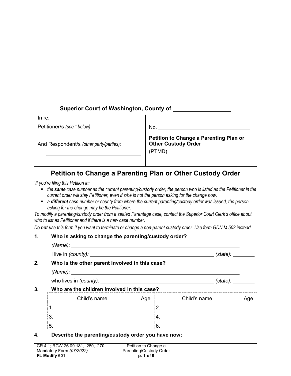 Form FL Modify601 Petition to Change a Parenting Plan or Other Custody Order - Washington, Page 1