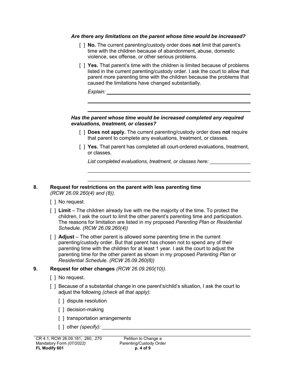 Form FL Modify601 Petition to Change a Parenting Plan or Other Custody Order - Washington, Page 4