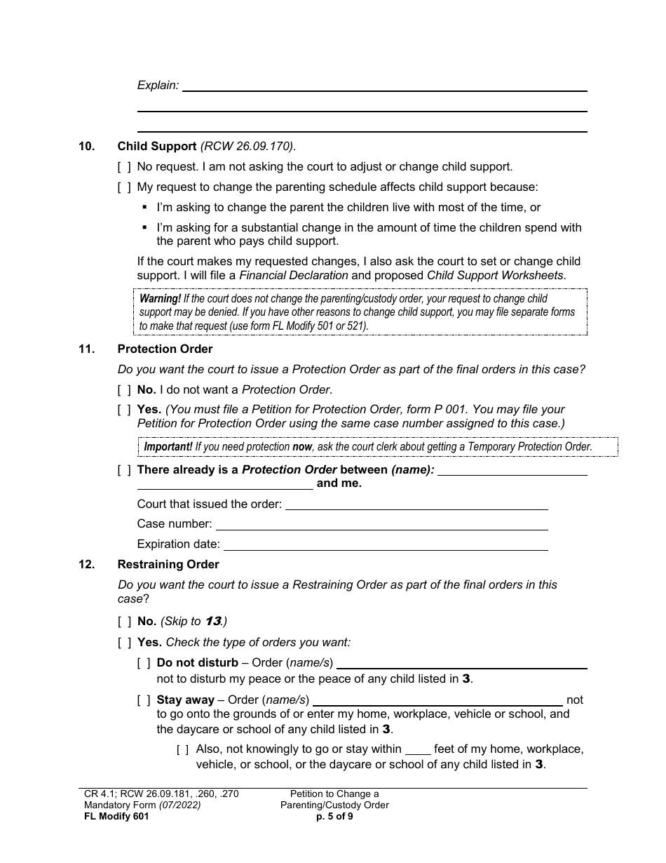 Form FL Modify601 Petition to Change a Parenting Plan or Other Custody Order - Washington, Page 5