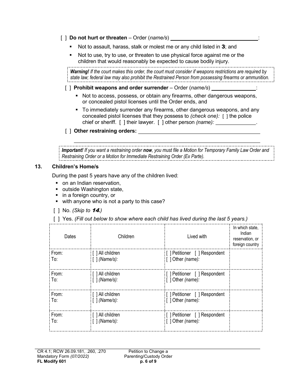 Form FL Modify601 Petition to Change a Parenting Plan or Other Custody Order - Washington, Page 6