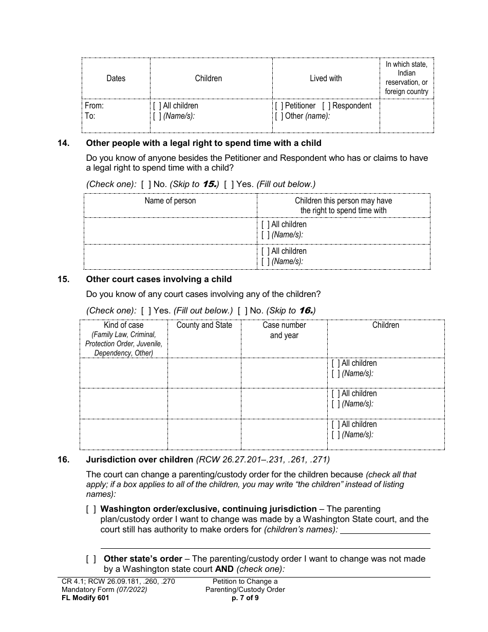 Form FL Modify601 Petition to Change a Parenting Plan or Other Custody Order - Washington, Page 7