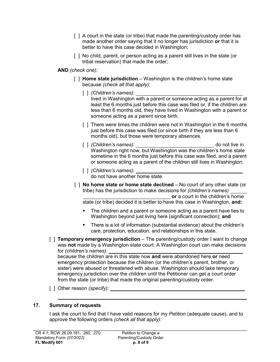 Form FL Modify601 Petition to Change a Parenting Plan or Other Custody Order - Washington, Page 8