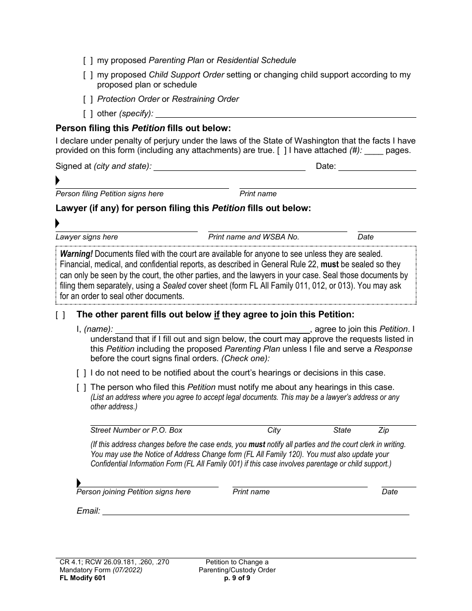 Form FL Modify601 Petition to Change a Parenting Plan or Other Custody Order - Washington, Page 9