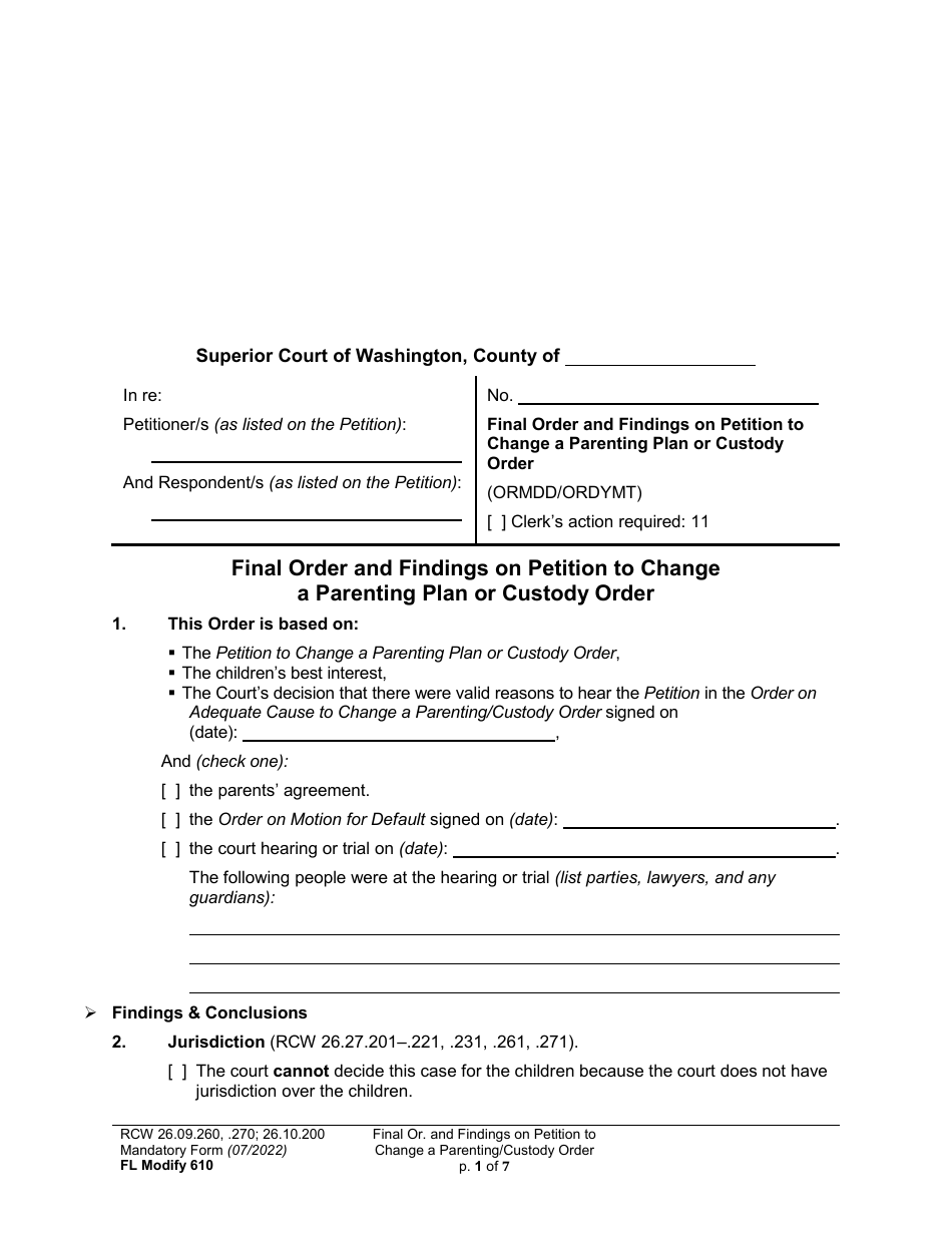 Form FL Modify610 Final Order and Findings on Petition to Change a Parenting Plan or Custody Order - Washington, Page 1