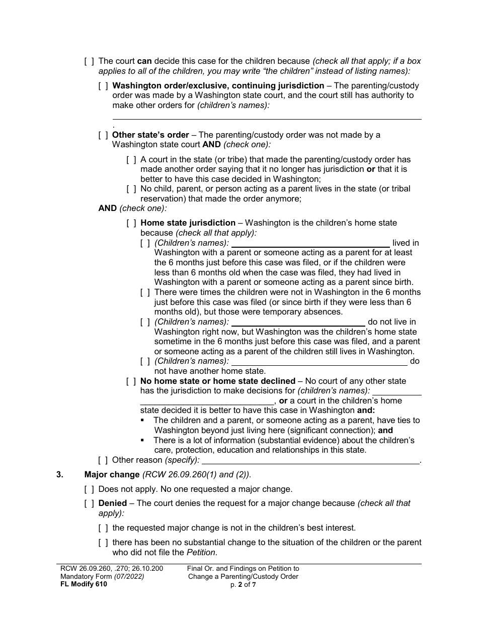 Form FL Modify610 Final Order and Findings on Petition to Change a Parenting Plan or Custody Order - Washington, Page 2