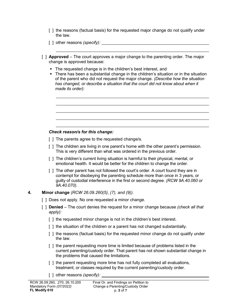 Form FL Modify610 Final Order and Findings on Petition to Change a Parenting Plan or Custody Order - Washington, Page 3