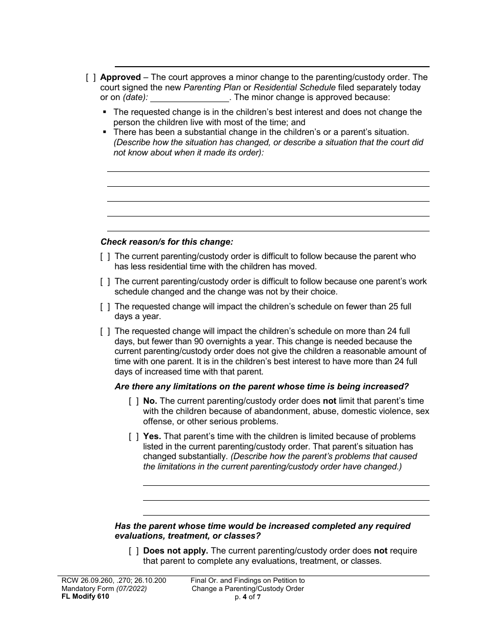 Form FL Modify610 Final Order and Findings on Petition to Change a Parenting Plan or Custody Order - Washington, Page 4