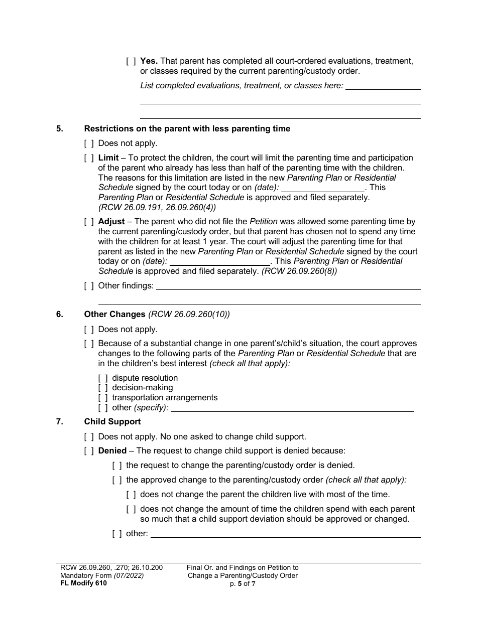 Form FL Modify610 Final Order and Findings on Petition to Change a Parenting Plan or Custody Order - Washington, Page 5