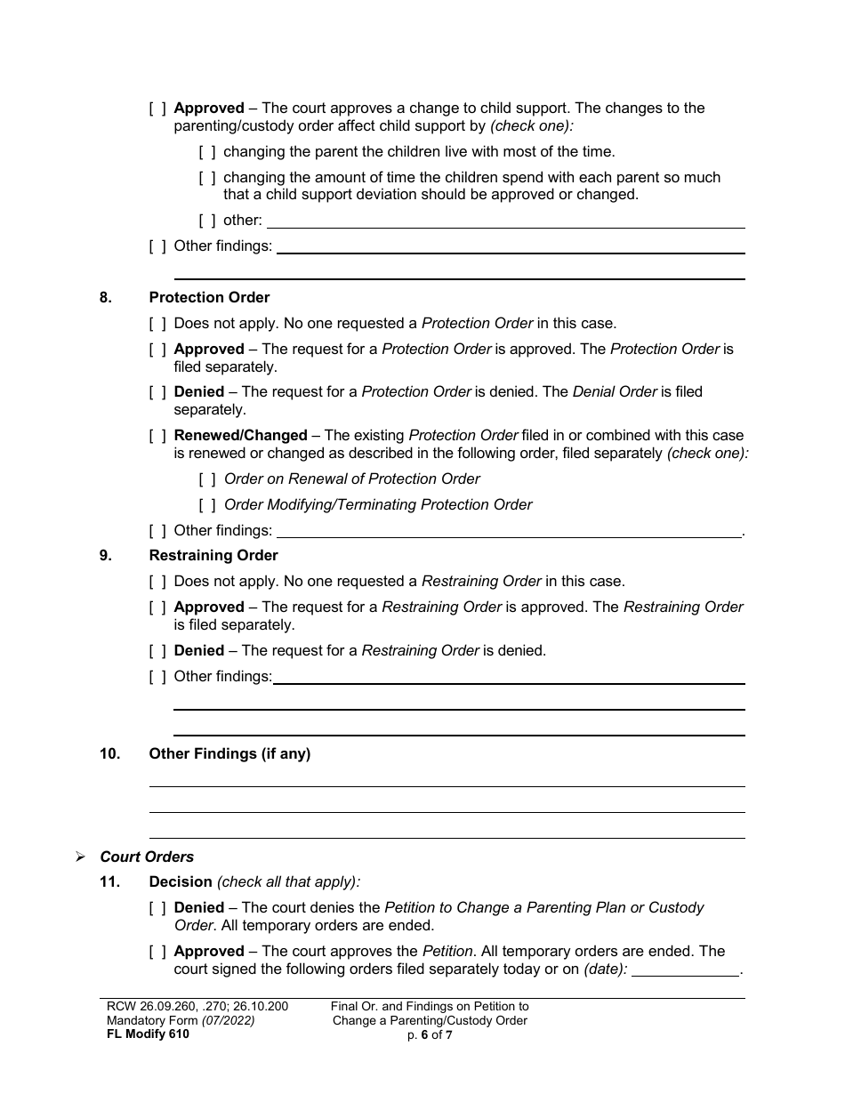 Form FL Modify610 Final Order and Findings on Petition to Change a Parenting Plan or Custody Order - Washington, Page 6