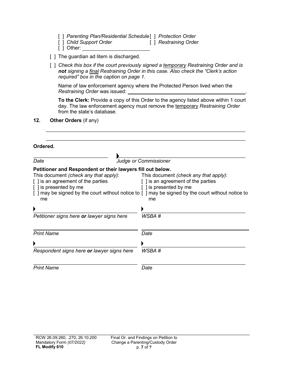 Form FL Modify610 Final Order and Findings on Petition to Change a Parenting Plan or Custody Order - Washington, Page 7