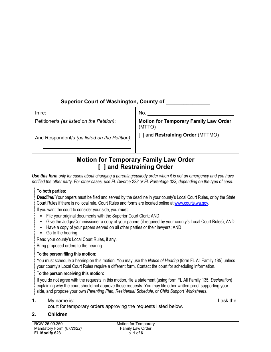 Form FL Modify623 Motion for Temporary Family Law Order and Restraining Order - Washington, Page 1