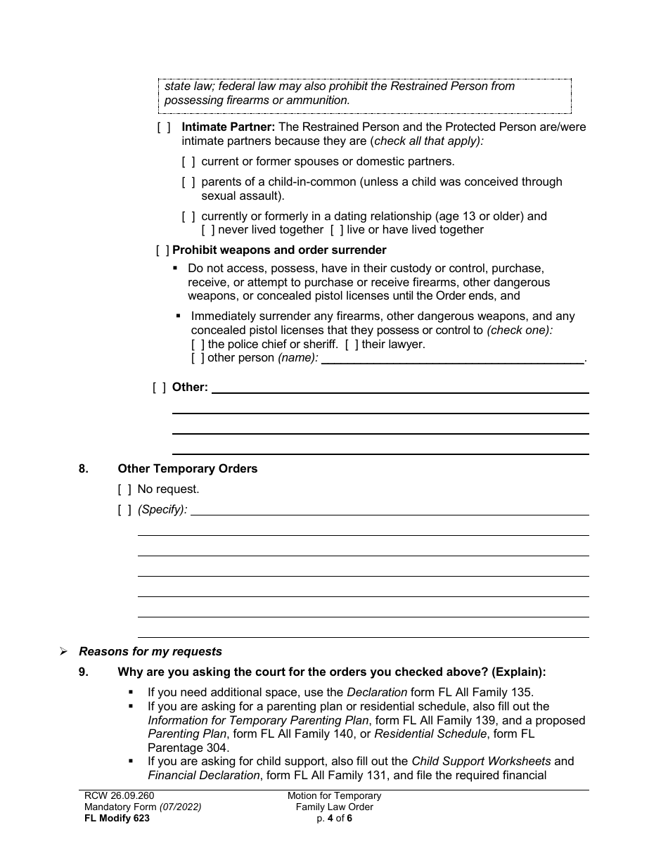 Form FL Modify623 Motion for Temporary Family Law Order and Restraining Order - Washington, Page 4