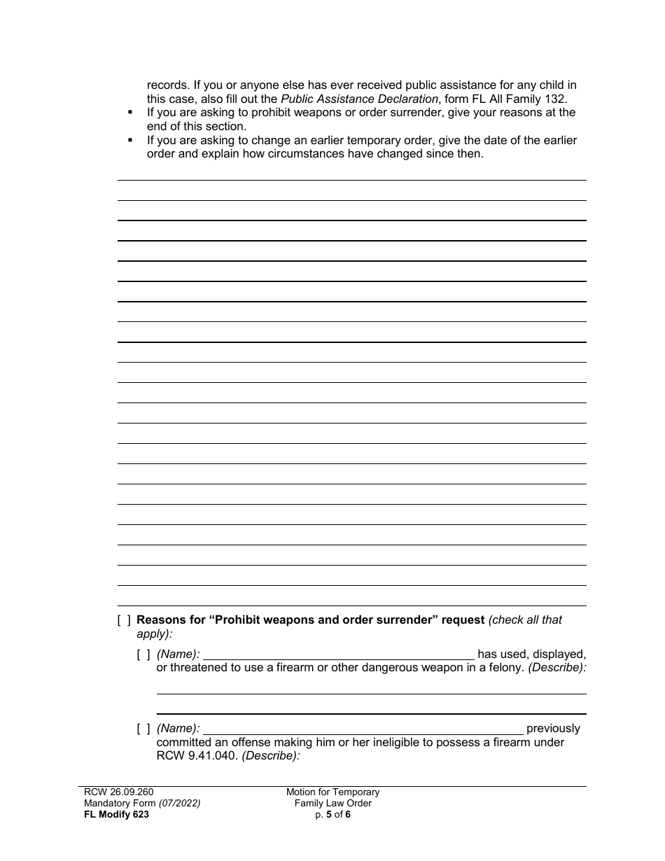 Form FL Modify623 Motion for Temporary Family Law Order and Restraining Order - Washington, Page 5