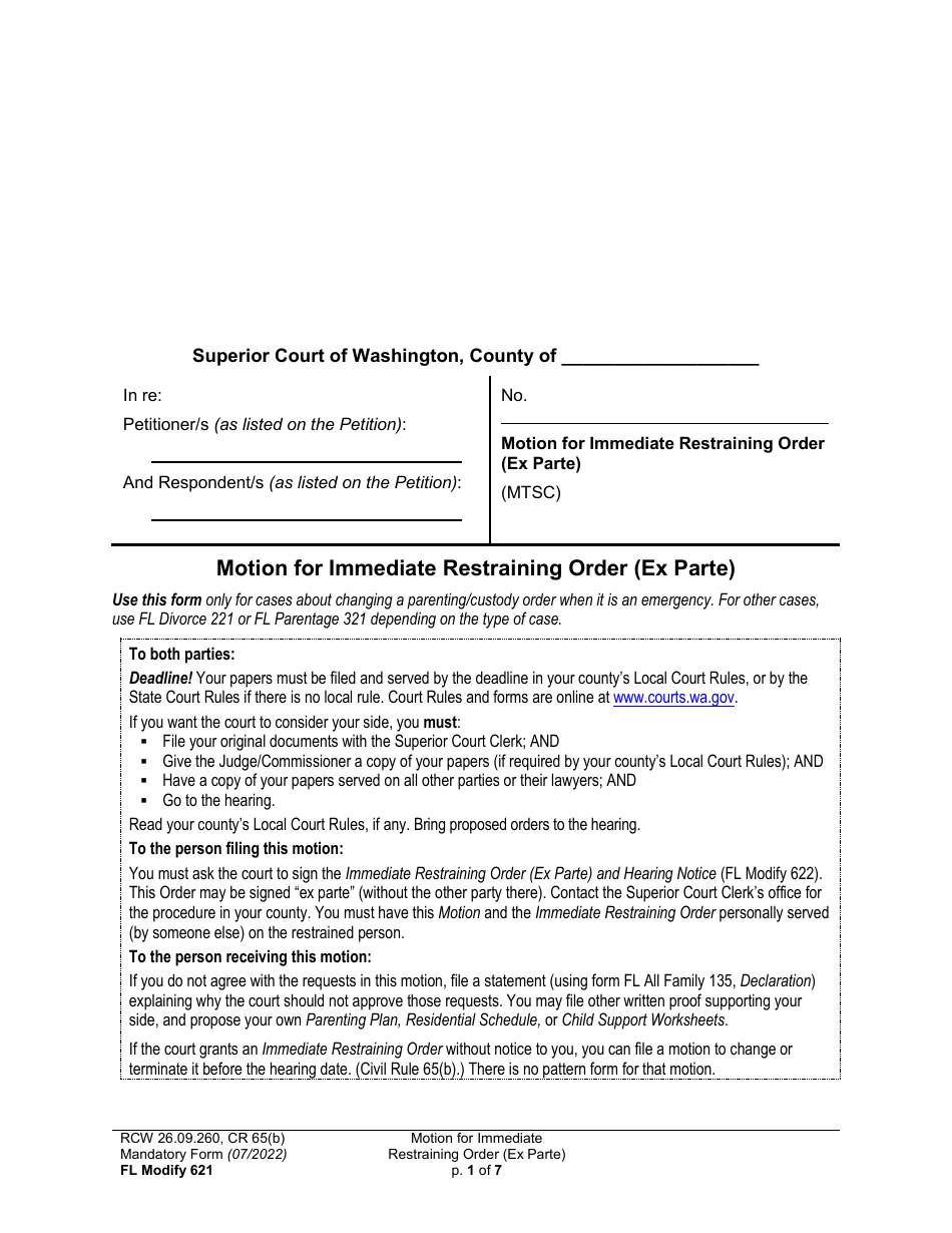 Form FL Modify621 Motion for Immediate Restraining Order (Ex Parte) - Washington, Page 1