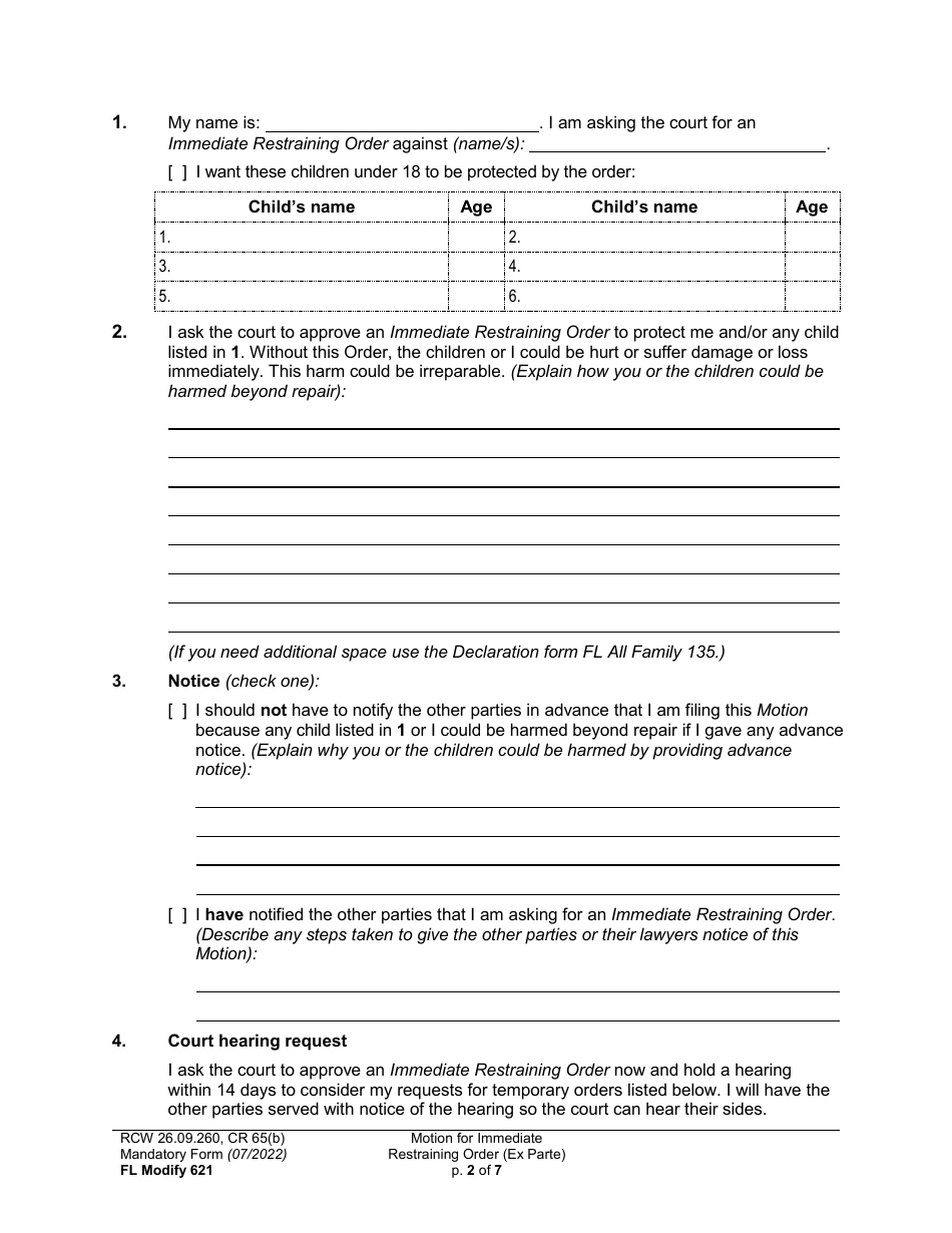 Form FL Modify621 Motion for Immediate Restraining Order (Ex Parte) - Washington, Page 2